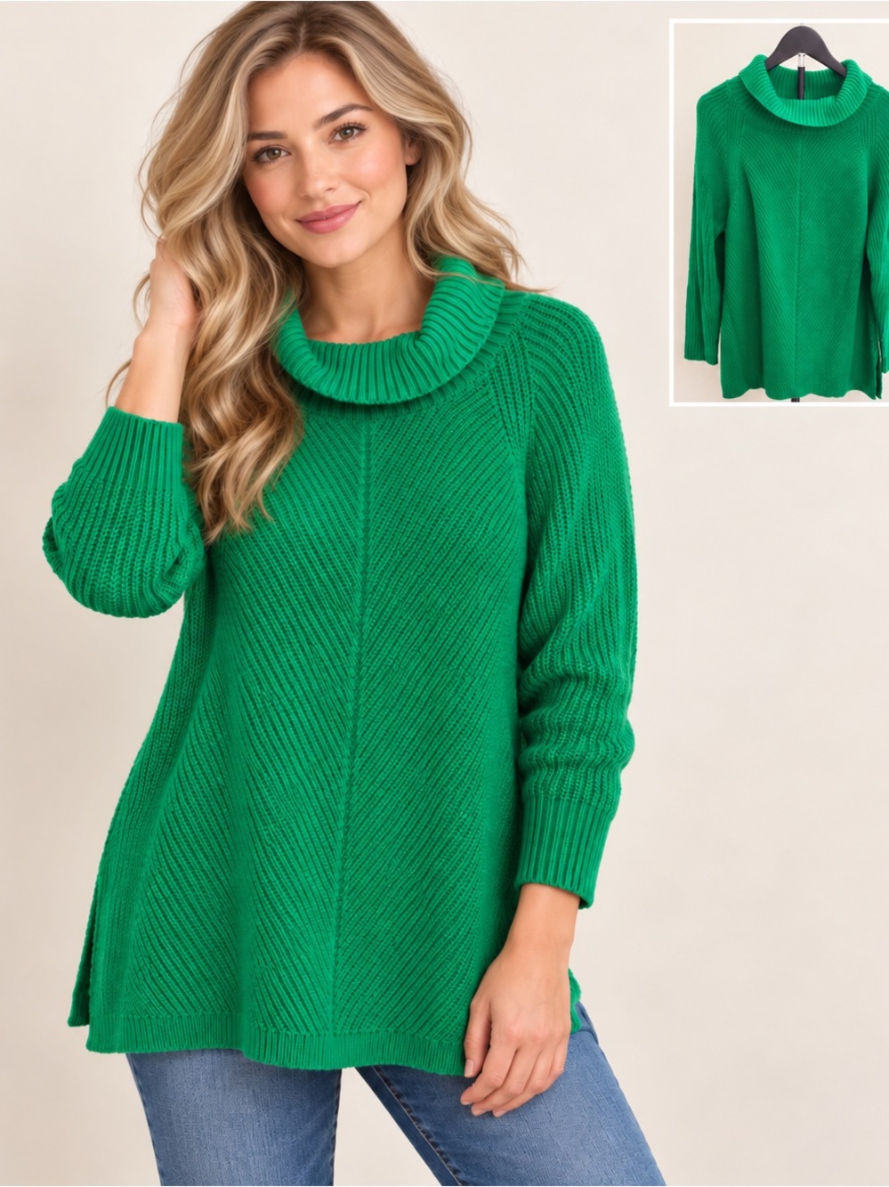 Soft Surroundings Kelly Green Cowl Neck Chunky Tunic Sweater PL Cozy Preppy